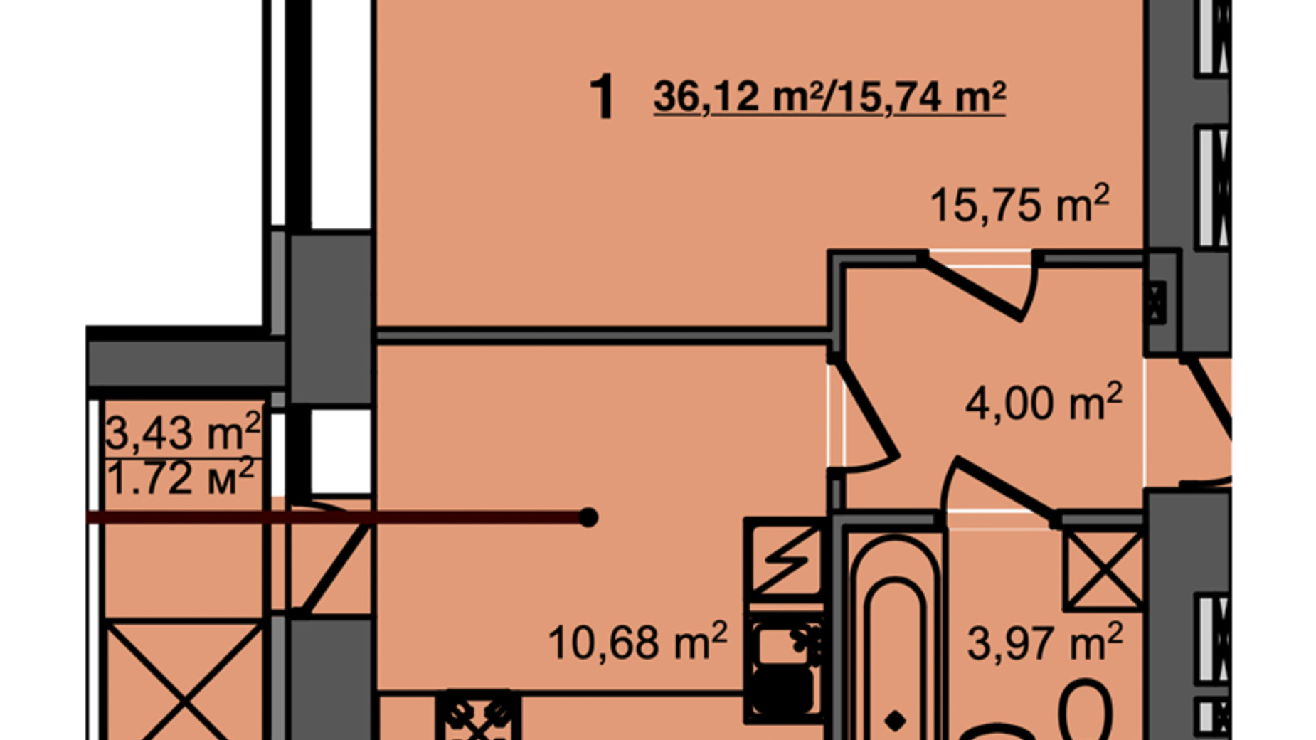 Планування 1-кімнатної квартири в ЖК Світанок 36.12 м², фото 358137