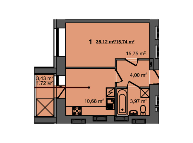 ЖК Світанок: планировка 1-комнатной квартиры 36.12 м²