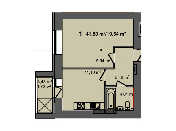 ЖК Світанок: планування 1-кімнатної квартири 41.83 м²