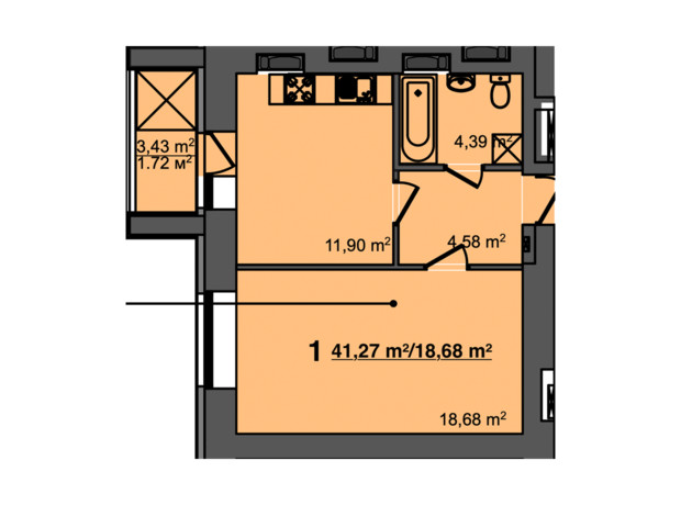 ЖК Світанок: планировка 1-комнатной квартиры 41.27 м²