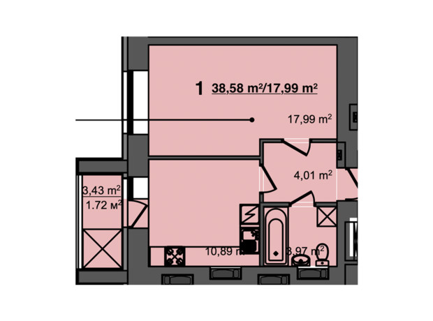 ЖК Світанок: планування 1-кімнатної квартири 38.58 м²