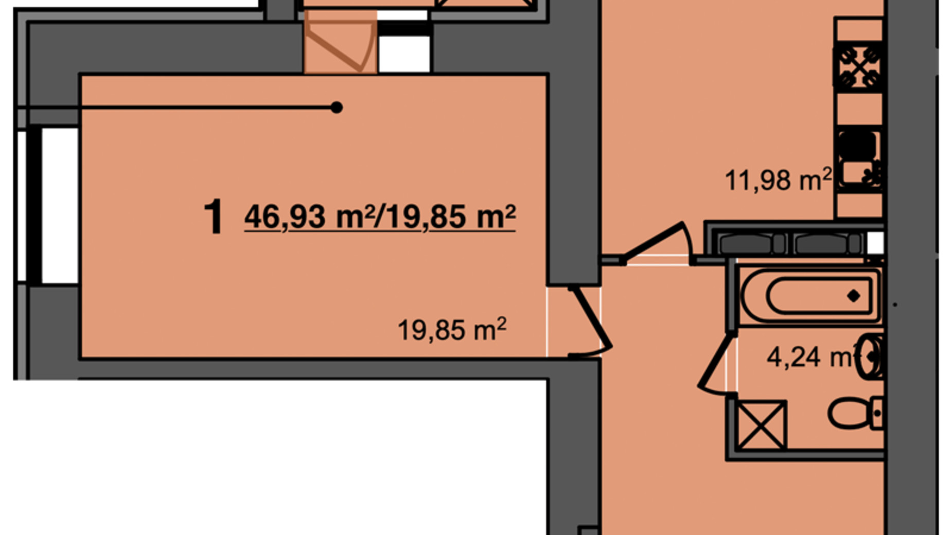 Планування 1-кімнатної квартири в ЖК Світанок 46.93 м², фото 358141