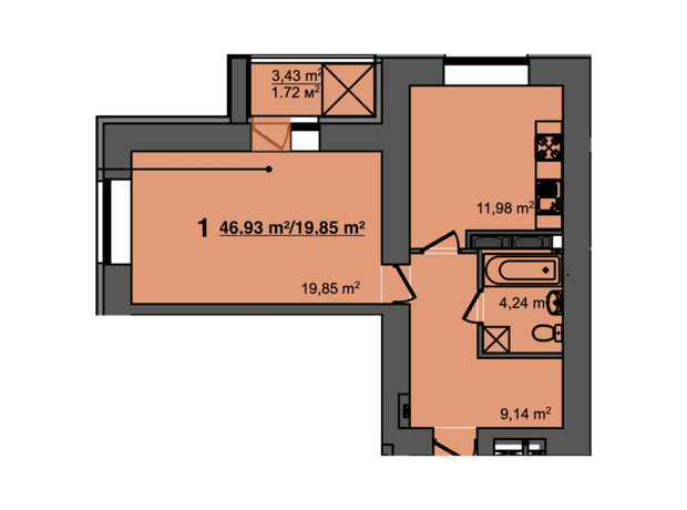 ЖК Світанок: планировка 1-комнатной квартиры 46.93 м²