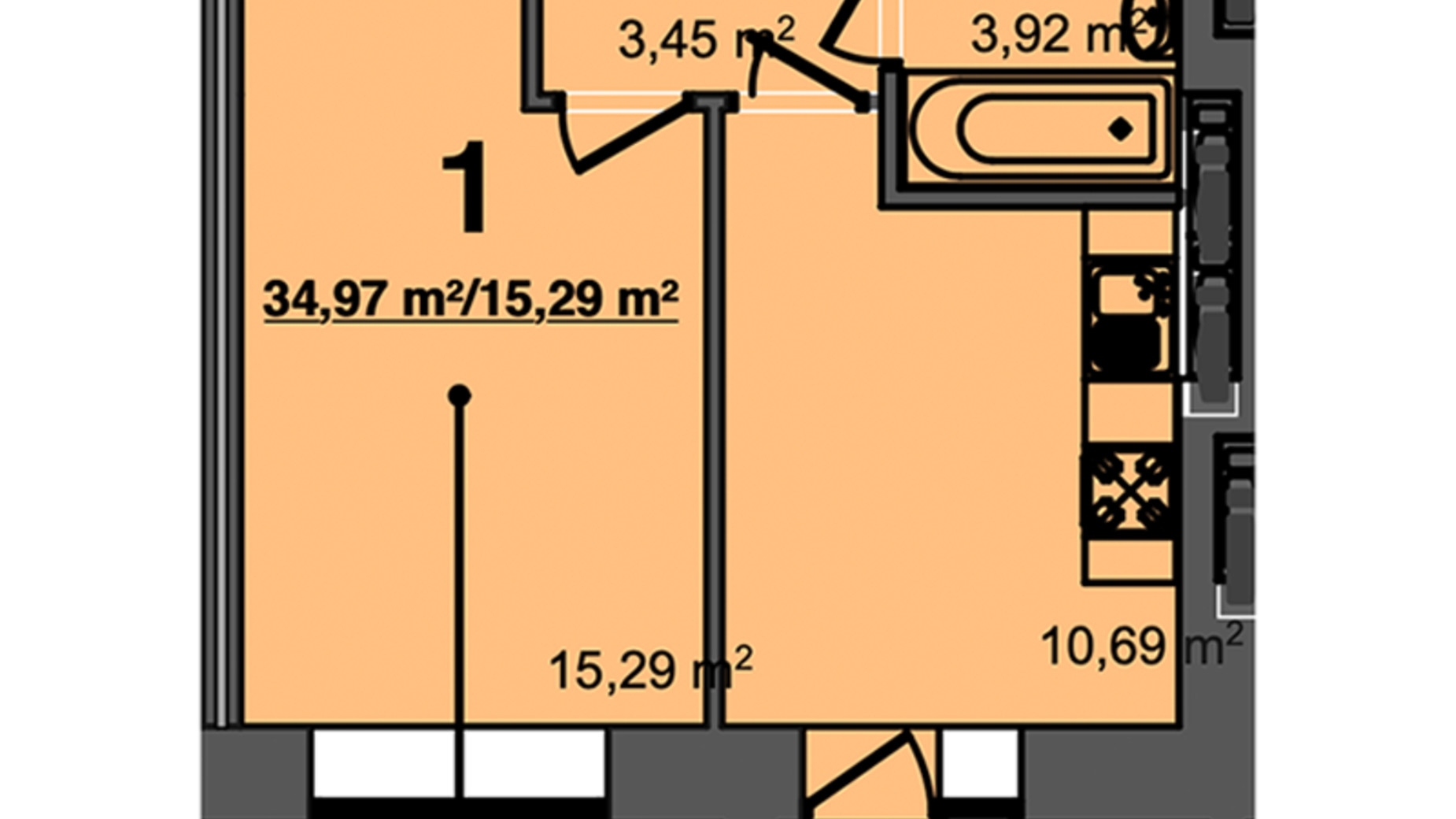 Планування 1-кімнатної квартири в ЖК Світанок 34.97 м², фото 358142