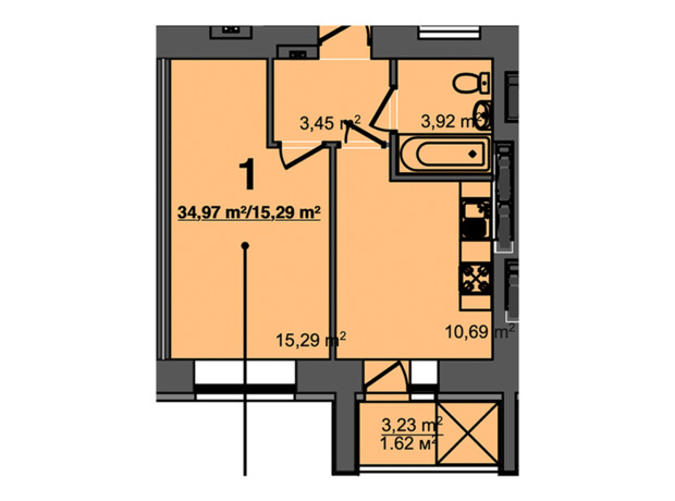 ЖК Світанок: планировка 1-комнатной квартиры 34.97 м²