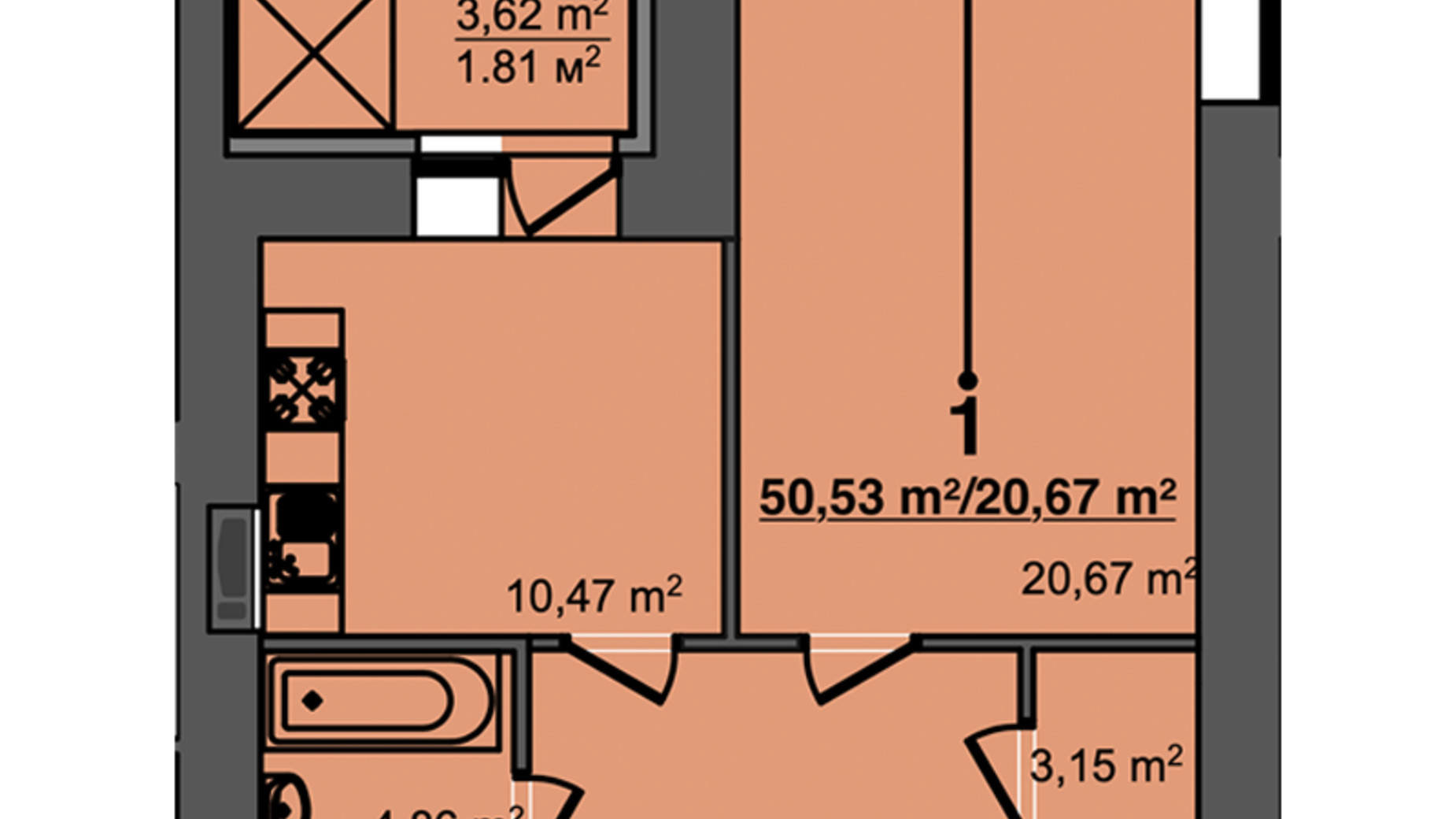 Планування 1-кімнатної квартири в ЖК Світанок 50.53 м², фото 358143