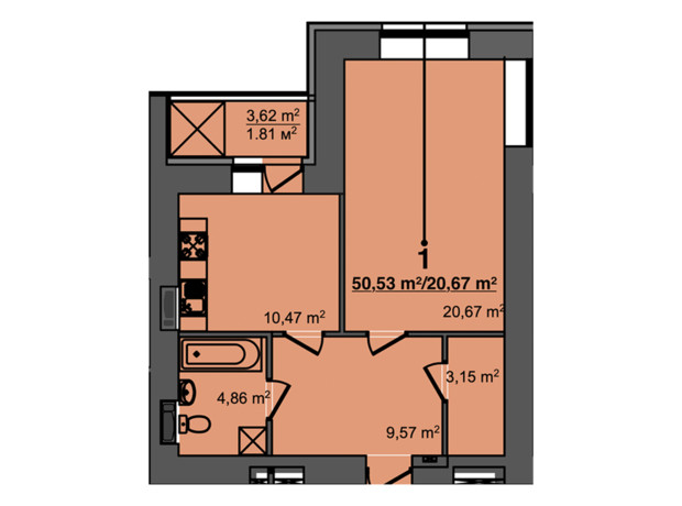 ЖК Світанок: планування 1-кімнатної квартири 50.53 м²