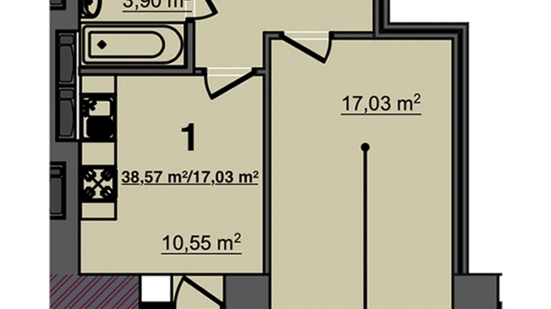 Планування 1-кімнатної квартири в ЖК Світанок 38.57 м², фото 358144