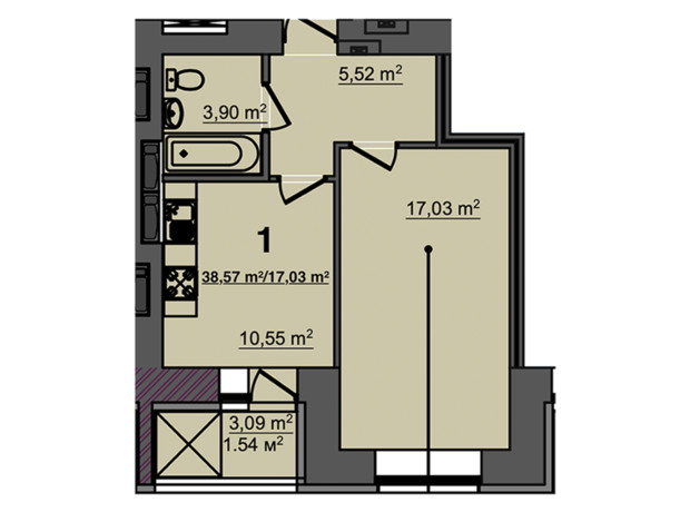 ЖК Світанок: планування 1-кімнатної квартири 38.57 м²