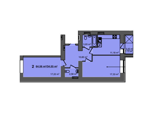 ЖК Світанок: планировка 2-комнатной квартиры 64.56 м²