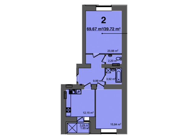 ЖК Світанок: планировка 2-комнатной квартиры 69.67 м²