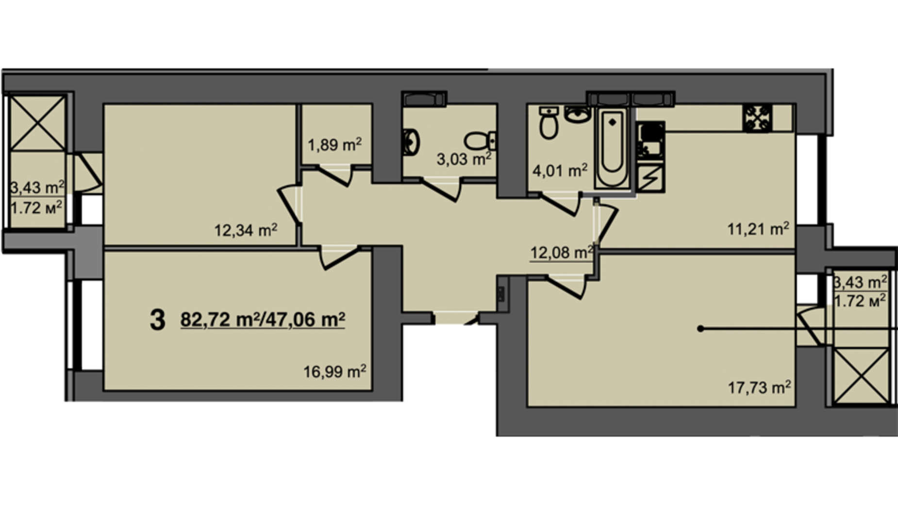 Планировка 3-комнатной квартиры в ЖК Світанок 82.72 м², фото 358153