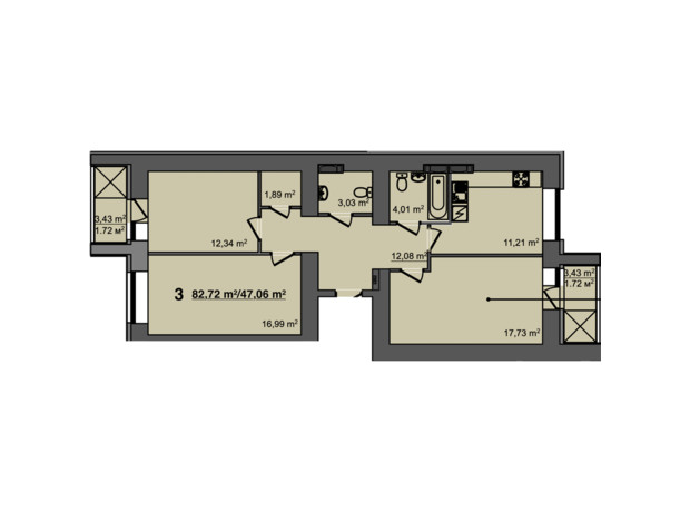 ЖК Світанок: планування 3-кімнатної квартири 82.72 м²