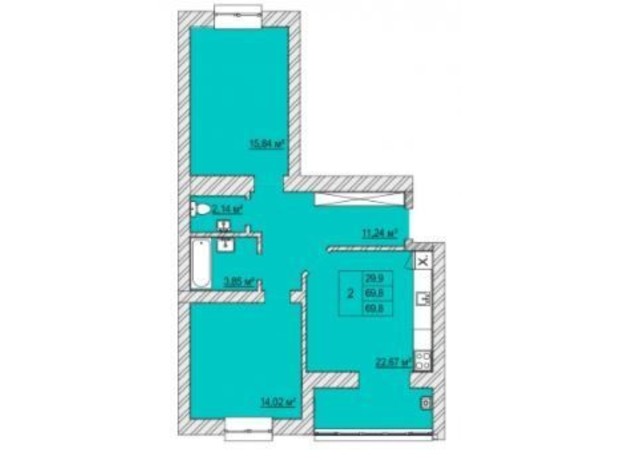 ЖК Caramel Residence: планування 2-кімнатної квартири 69.8 м²