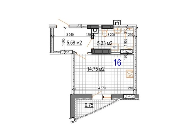 ЖК Вернисаж: планировка 1-комнатной квартиры 26.41 м²