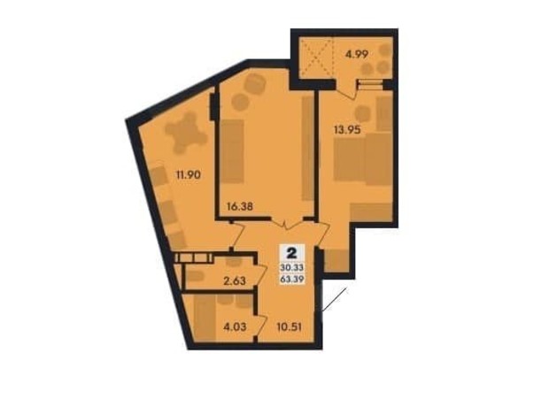 ЖК Вернисаж: планировка 2-комнатной квартиры 63.39 м²