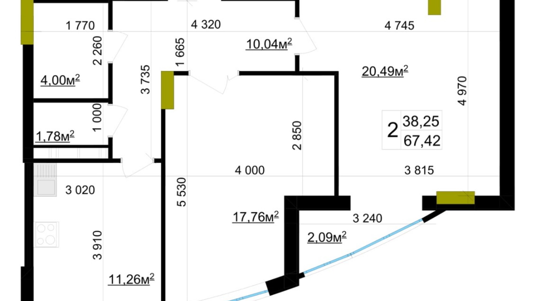 Планировка 2-комнатной квартиры в ЖК Вернисаж 67.42 м², фото 358217