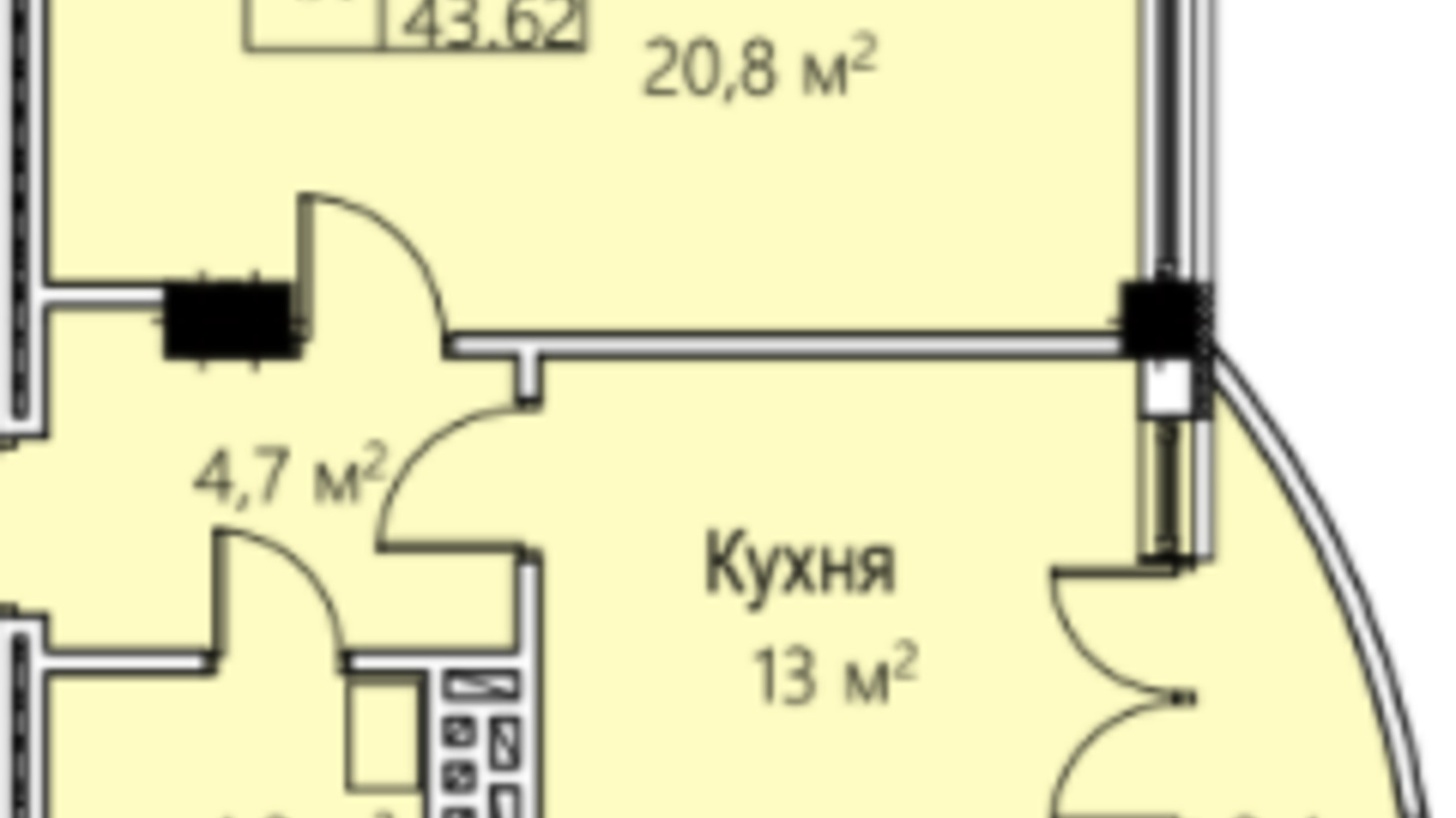 Планування 1-кімнатної квартири в ЖК Трускавецька Фортеця 43.62 м², фото 358225