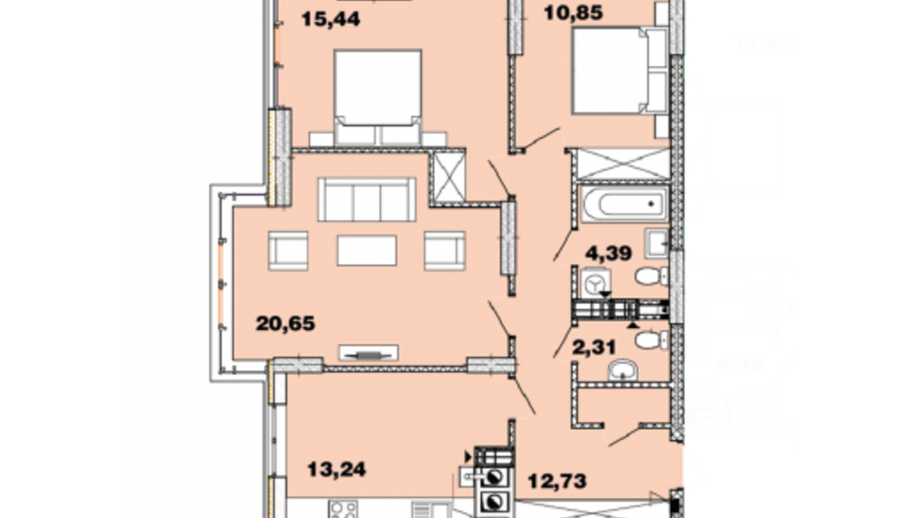 Планировка 3-комнатной квартиры в ЖК Crystal  Avenue 80.95 м², фото 358380