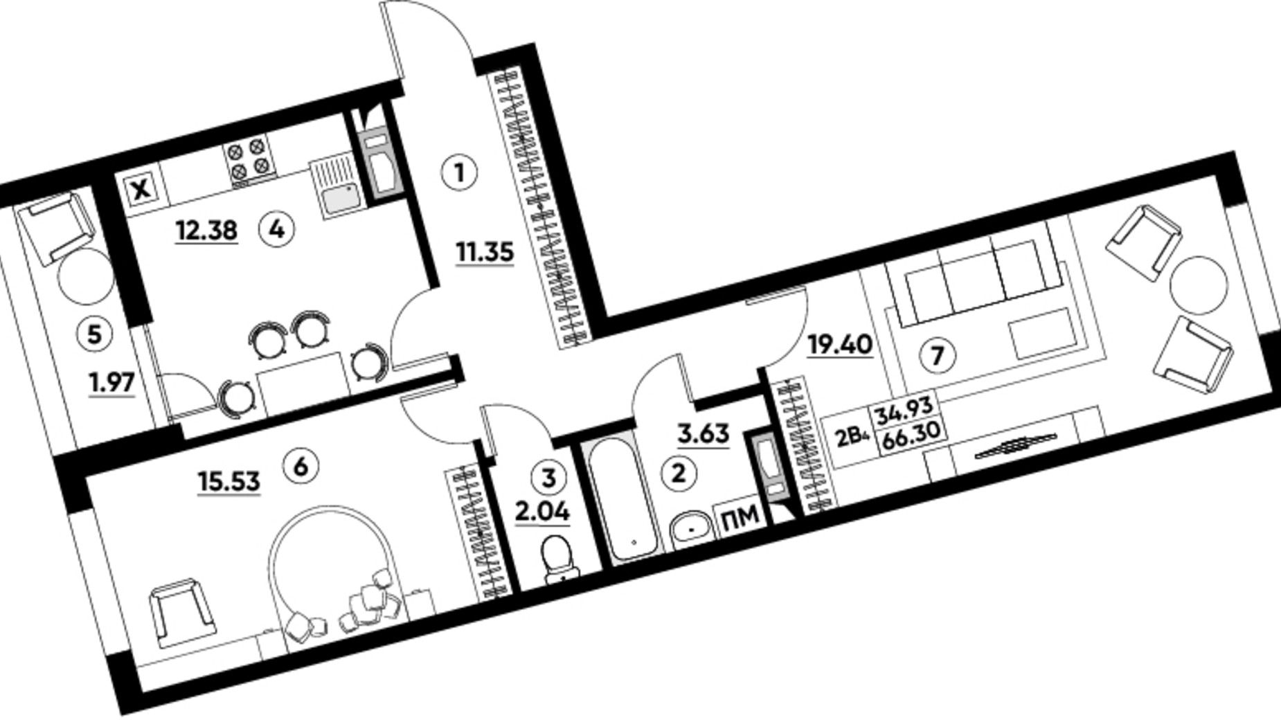Планування 2-кімнатної квартири в ЖК Paradise Avenue 66.3 м², фото 358512