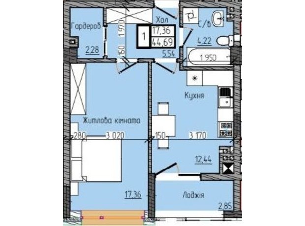 ЖК Modern Home: планування 1-кімнатної квартири 44.69 м²