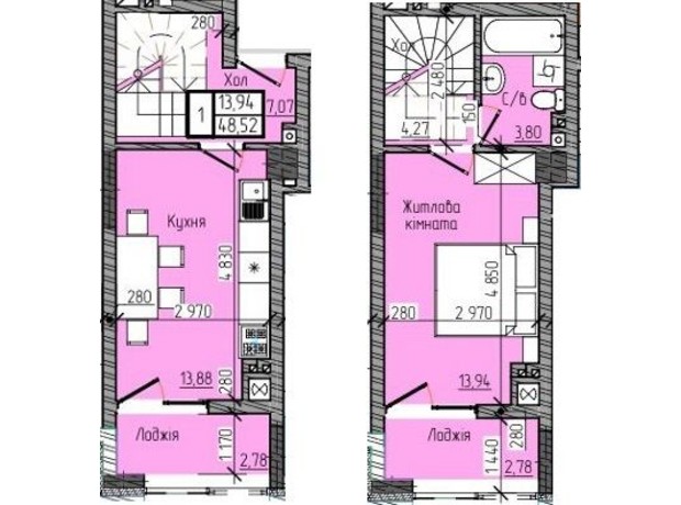 ЖК Modern Home: планування 1-кімнатної квартири 48.52 м²