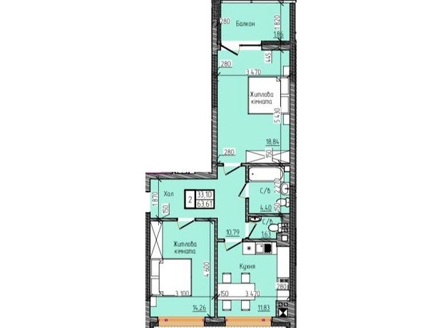 ЖК Modern Home: планировка 2-комнатной квартиры 63.61 м²