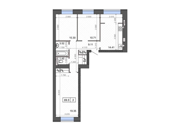ЖК Новые Метры PARK: планировка 3-комнатной квартиры 70.8 м²