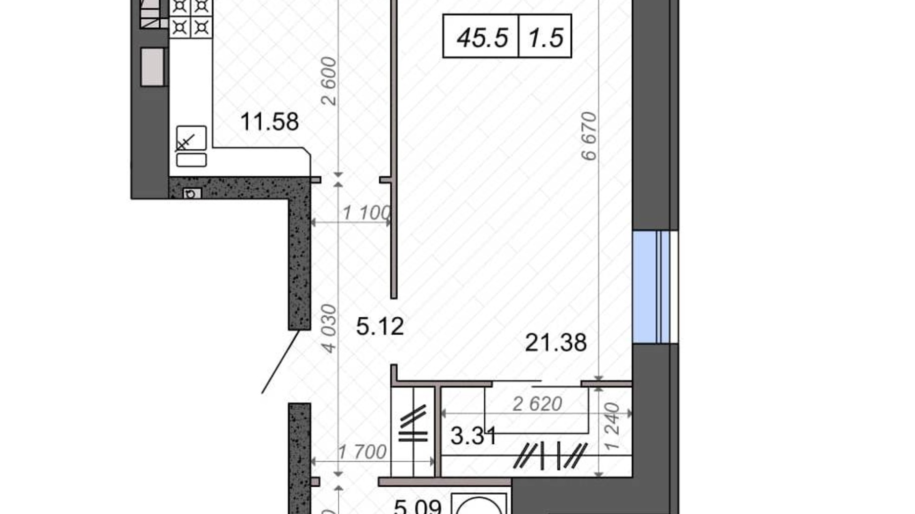 Планування 1-кімнатної квартири в ЖК Нові Метри PARK 45.1 м², фото 358722