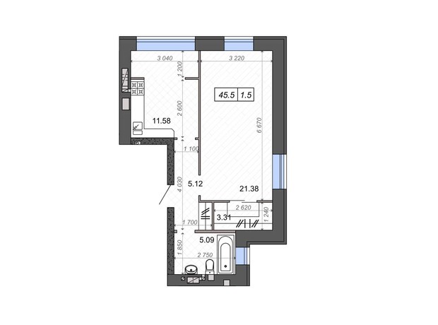 ЖК Новые Метры PARK: планировка 1-комнатной квартиры 45.1 м²