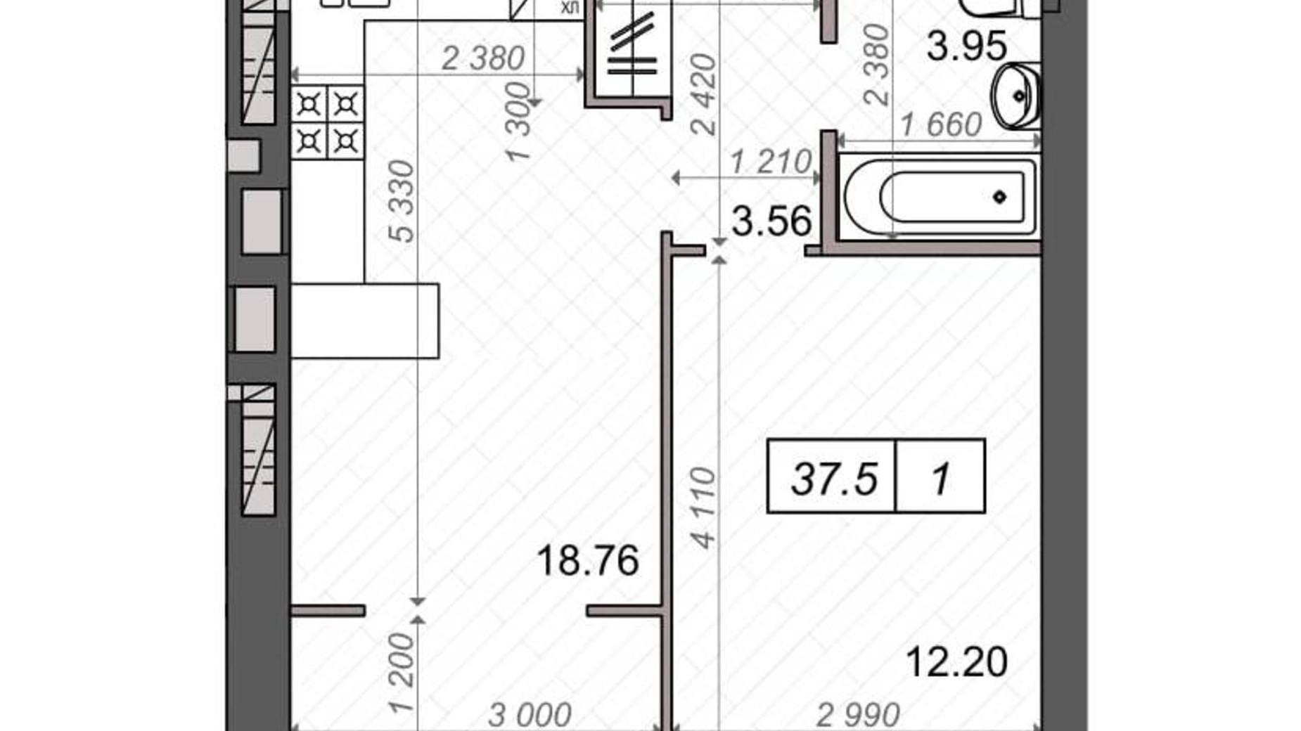 Планування 1-кімнатної квартири в ЖК Нові Метри PARK 37.9 м², фото 358724