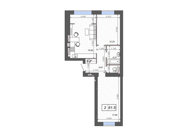 ЖК Новые Метры PARK: планировка 2-комнатной квартиры 62.4 м²