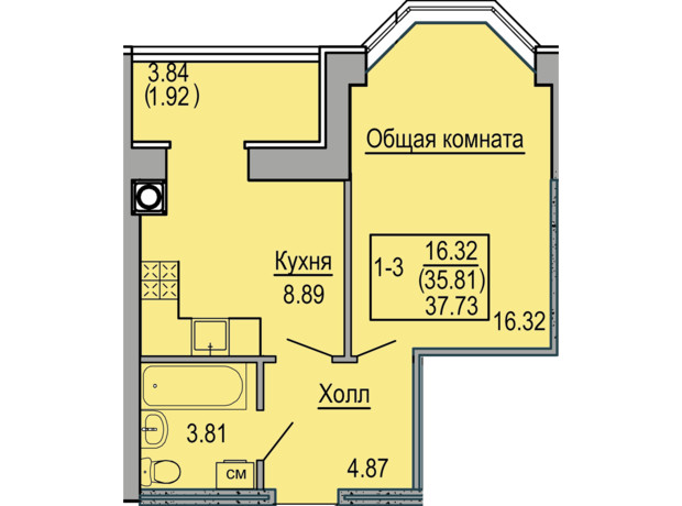 ЖК Софиевская сфера: планировка 1-комнатной квартиры 37.73 м²