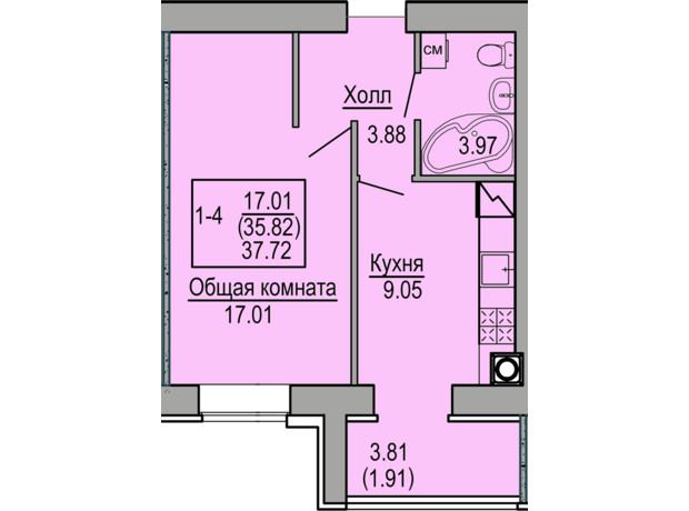 ЖК Софіївська сфера: планування 1-кімнатної квартири 37.72 м²