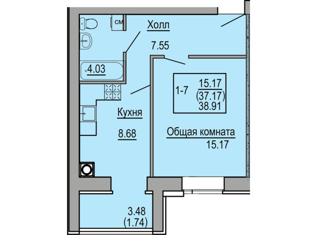 ЖК Софиевская сфера: планировка 1-комнатной квартиры 38.91 м²