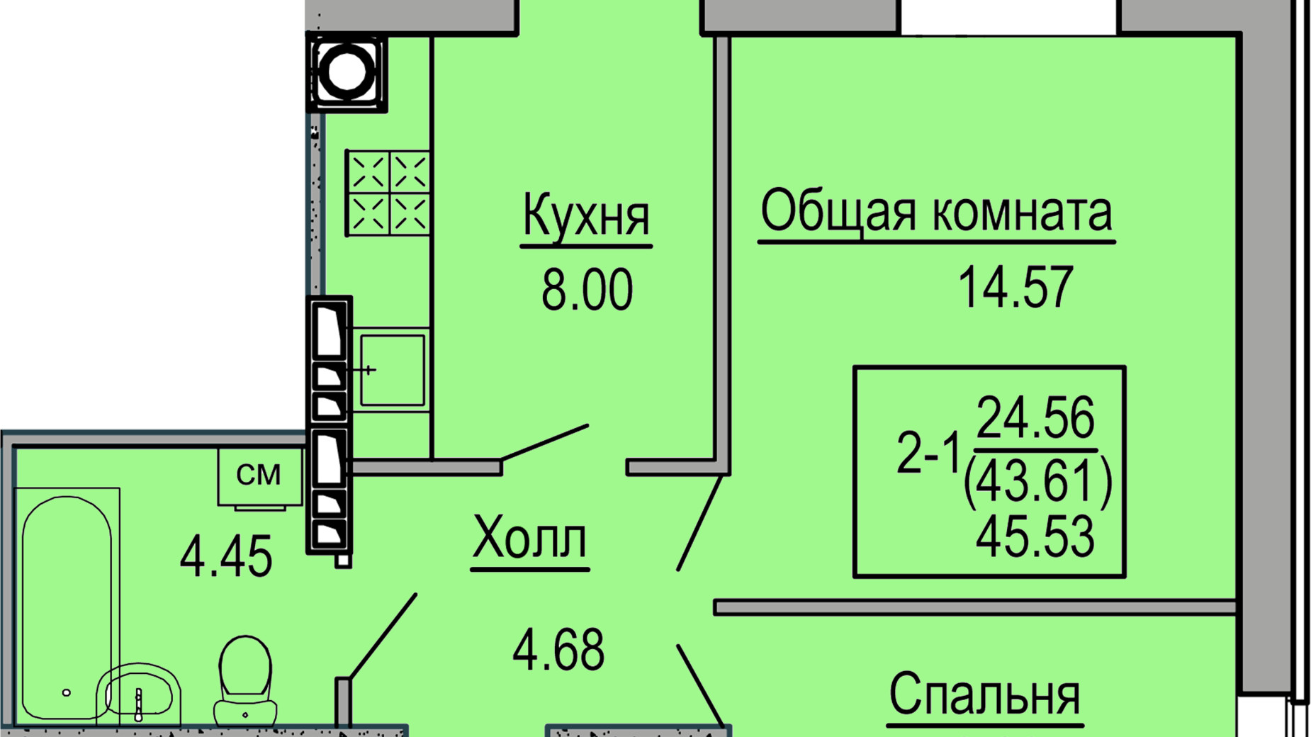 Планировка 2-комнатной квартиры в ЖК Софиевская сфера 45.53 м², фото 358835