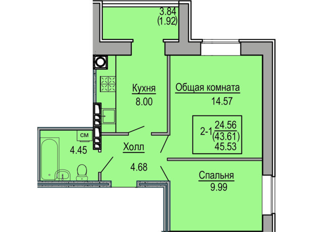 ЖК Софиевская сфера: планировка 2-комнатной квартиры 45.53 м²