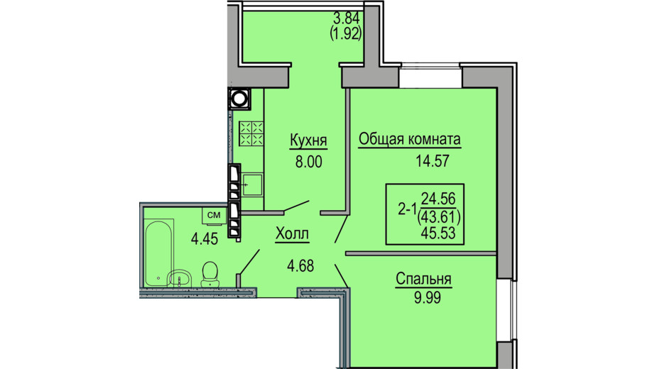 Планировка 2-комнатной квартиры в ЖК Софиевская сфера 45.53 м², фото 358835