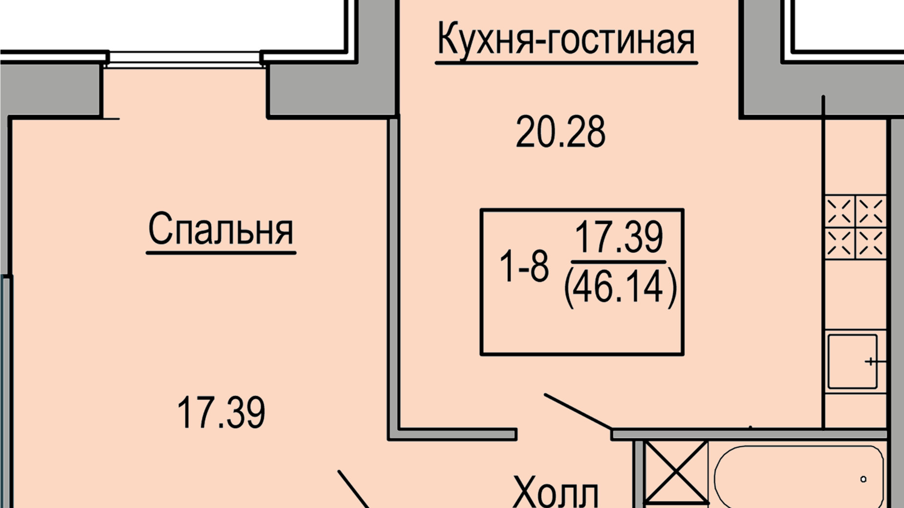 Планировка 2-комнатной квартиры в ЖК Софиевская сфера 46.14 м², фото 358836