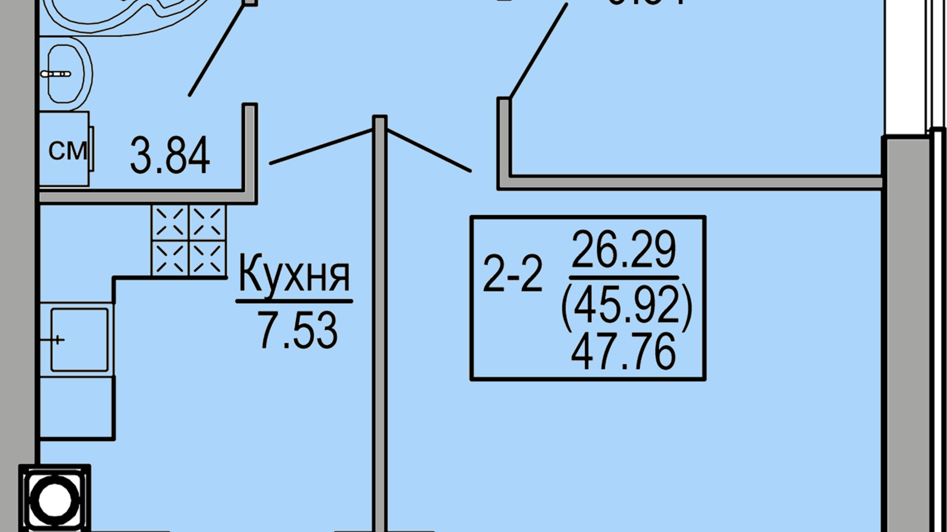 Планування 2-кімнатної квартири в ЖК Софіївська сфера 47.76 м², фото 358839