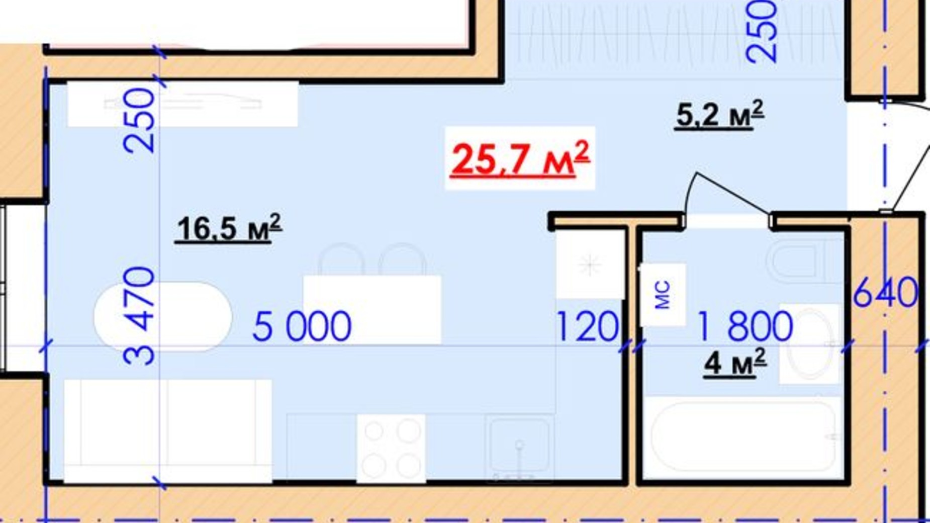 Планировка 1-комнатной квартиры в ЖК Park House 25.7 м², фото 358964