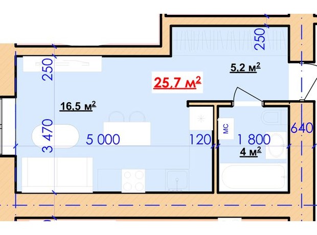 ЖК Park House: планировка 1-комнатной квартиры 25.7 м²