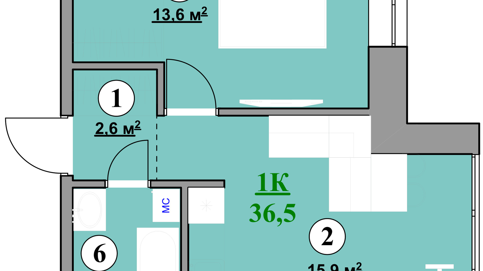 Планировка 1-комнатной квартиры в ЖК Park House 36.5 м², фото 358965