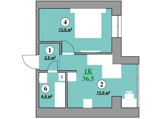 ЖК Park House: планування 1-кімнатної квартири 36.5 м²