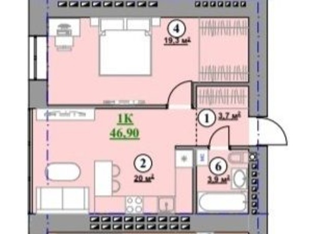ЖК Park House: планировка 1-комнатной квартиры 46.9 м²