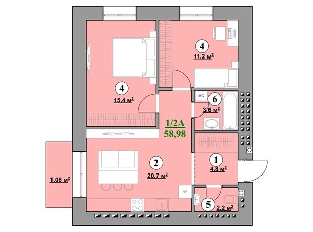 ЖК Park House: планування 2-кімнатної квартири 58.98 м²