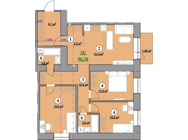 ЖК Park House: планировка 3-комнатной квартиры 90.38 м²
