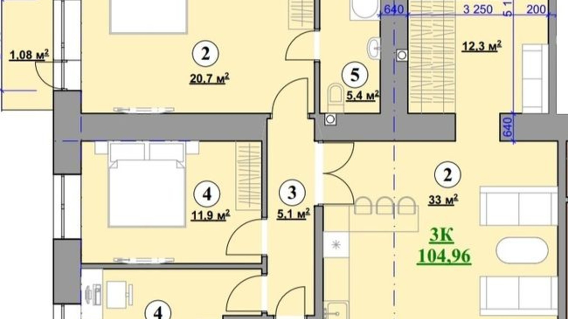 Планування 3-кімнатної квартири в ЖК Park House 104.96 м², фото 358976