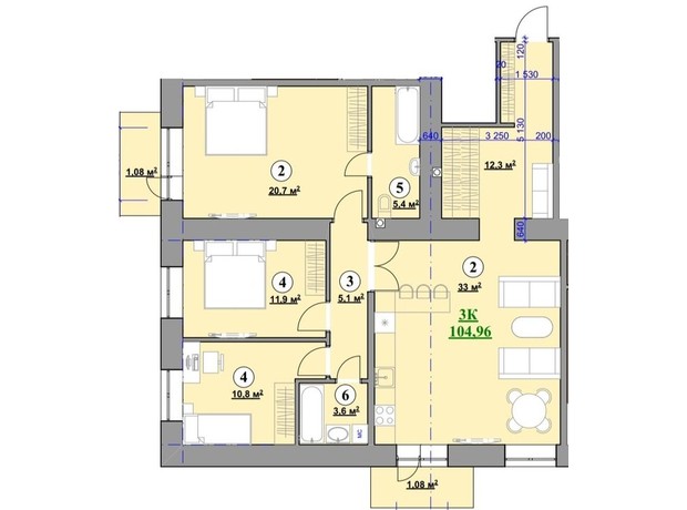 ЖК Park House: планировка 3-комнатной квартиры 104.96 м²