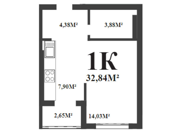 ЖК Парковий маєток: планування 1-кімнатної квартири 32.84 м²